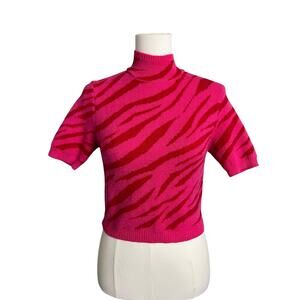 Tiger Stripe Sweater Womens Pink Red Mock Neck Short Sleeve Knit Pullover